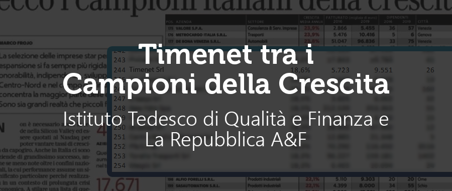 La Repubblica anche quest'anno inserisce Timenet tra i Campioni della Crescita.